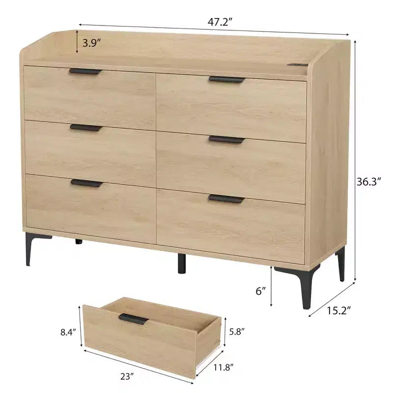 6 Kommoden mit Steckdosen, freistehende 120 cm breite Schubladenkommode, Holzschrank-Aufbewahrungstruhe für Schlafzimmer, Wohnzimmer