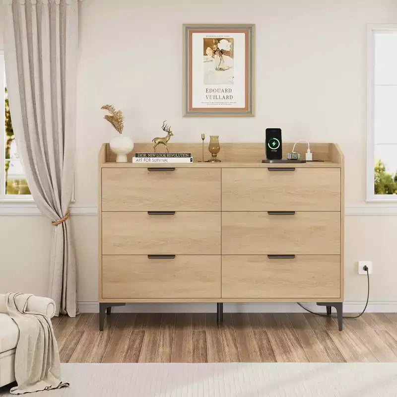 6 Kommoden mit Steckdosen, freistehende 120 cm breite Schubladenkommode, Holzschrank-Aufbewahrungstruhe für Schlafzimmer, Wohnzimmer