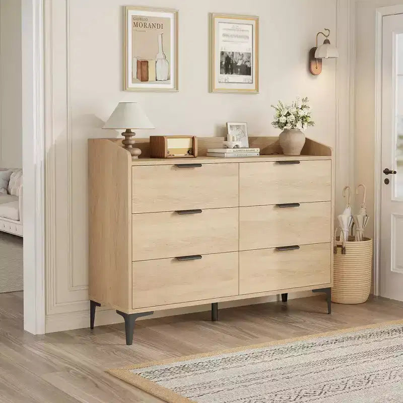 6 Kommoden mit Steckdosen, freistehende 120 cm breite Schubladenkommode, Holzschrank-Aufbewahrungstruhe für Schlafzimmer, Wohnzimmer