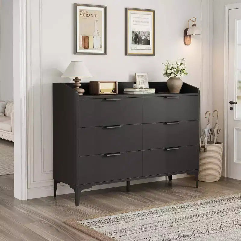 6 Kommoden mit Steckdosen, freistehende 120 cm breite Schubladenkommode, Holzschrank-Aufbewahrungstruhe für Schlafzimmer, Wohnzimmer
