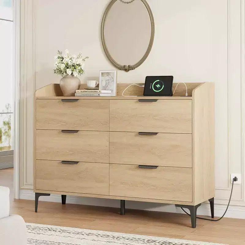 6 Kommoden mit Steckdosen, freistehende 120 cm breite Schubladenkommode, Holzschrank-Aufbewahrungstruhe für Schlafzimmer, Wohnzimmer