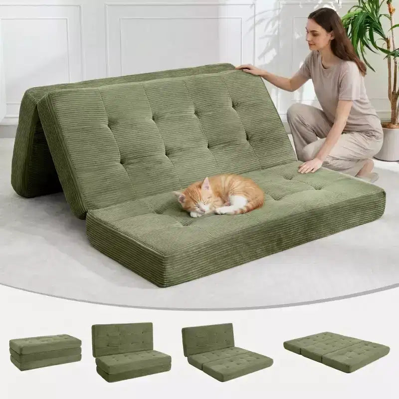 Dreifach faltbares Kord-Schlafsofa 6 Zoll getuftete Klappmatratze Full Size Cabrio-Schlafsofa Unterstützendes Gästebett für Schlafzimmer Wohnmobil Camping