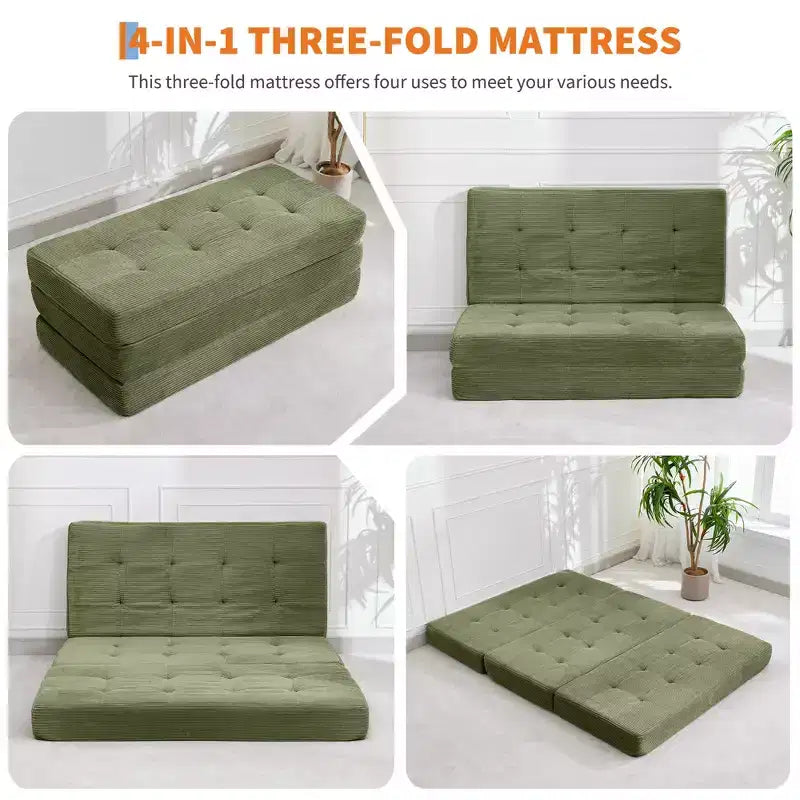 Dreifach faltbares Kord-Schlafsofa 6 Zoll getuftete Klappmatratze Full Size Cabrio-Schlafsofa Unterstützendes Gästebett für Schlafzimmer Wohnmobil Camping