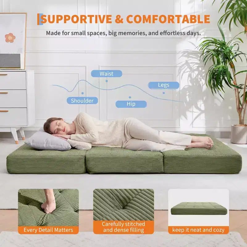 Dreifach faltbares Kord-Schlafsofa 6 Zoll getuftete Klappmatratze Full Size Cabrio-Schlafsofa Unterstützendes Gästebett für Schlafzimmer Wohnmobil Camping
