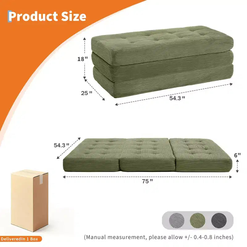 Dreifach faltbares Kord-Schlafsofa 6 Zoll getuftete Klappmatratze Full Size Cabrio-Schlafsofa Unterstützendes Gästebett für Schlafzimmer Wohnmobil Camping