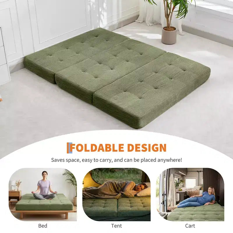 Dreifach faltbares Kord-Schlafsofa 6 Zoll getuftete Klappmatratze Full Size Cabrio-Schlafsofa Unterstützendes Gästebett für Schlafzimmer Wohnmobil Camping