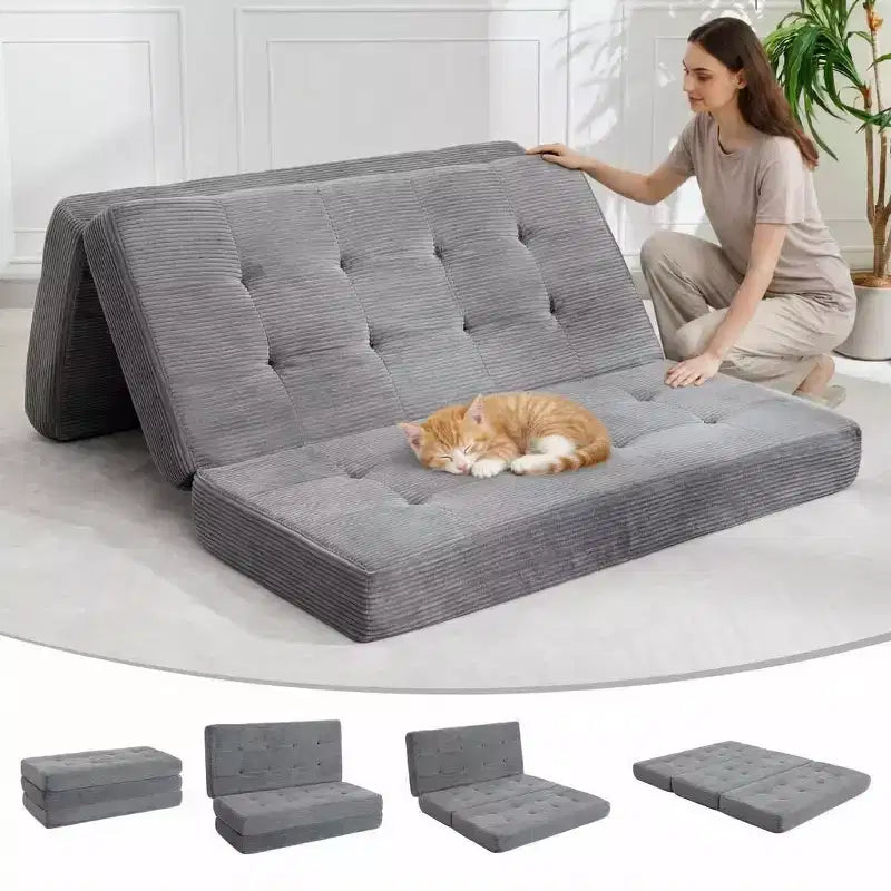 Dreifach faltbares Kord-Schlafsofa 6 Zoll getuftete Klappmatratze Full Size Cabrio-Schlafsofa Unterstützendes Gästebett für Schlafzimmer Wohnmobil Camping