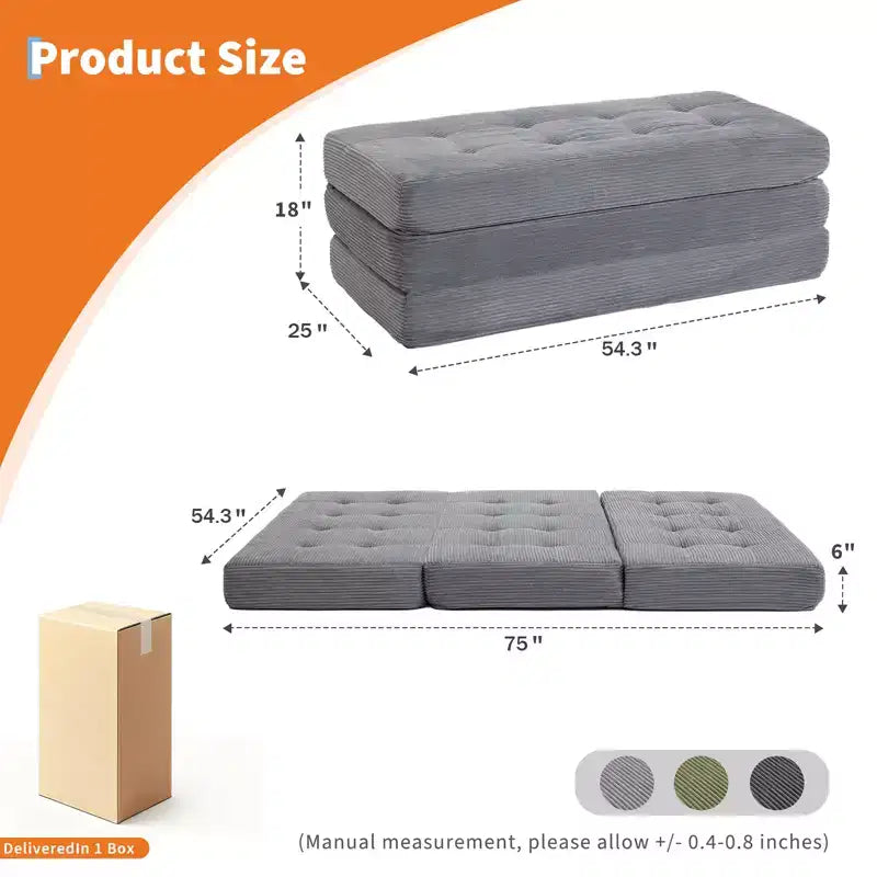 Dreifach faltbares Kord-Schlafsofa 6 Zoll getuftete Klappmatratze Full Size Cabrio-Schlafsofa Unterstützendes Gästebett für Schlafzimmer Wohnmobil Camping