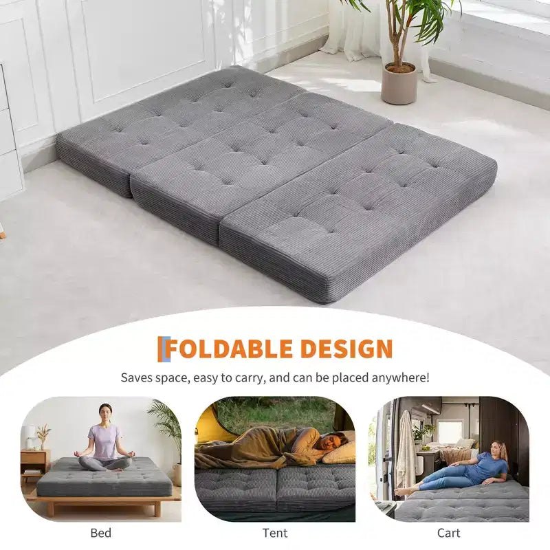 Dreifach faltbares Kord-Schlafsofa 6 Zoll getuftete Klappmatratze Full Size Cabrio-Schlafsofa Unterstützendes Gästebett für Schlafzimmer Wohnmobil Camping