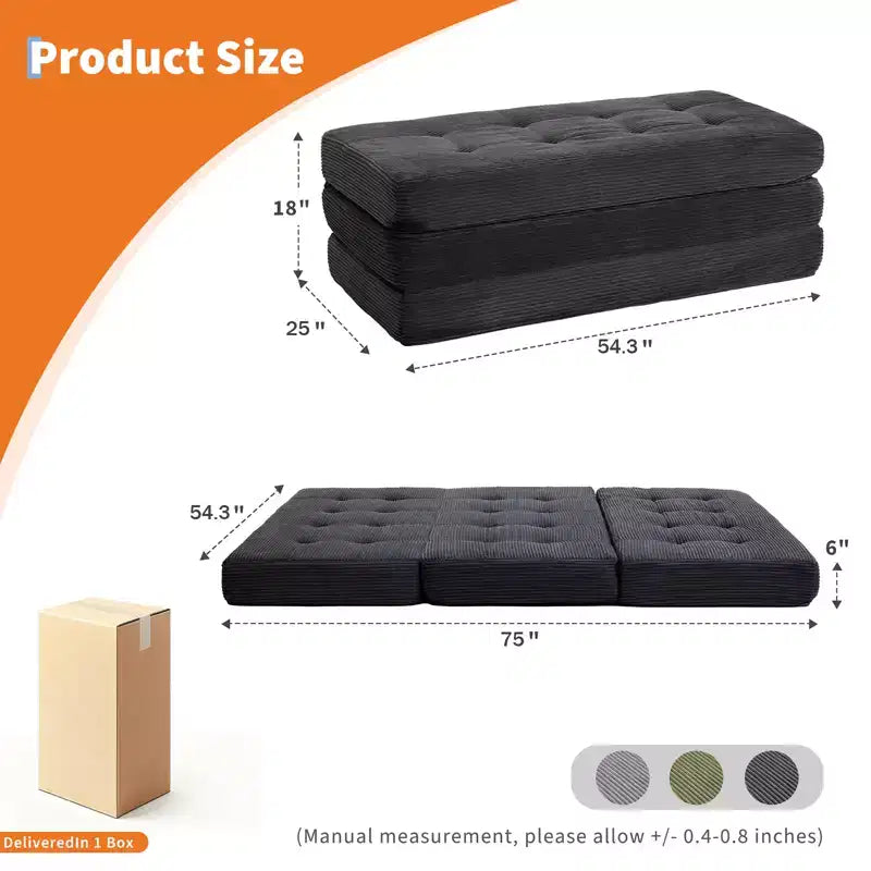 Dreifach faltbares Kord-Schlafsofa 6 Zoll getuftete Klappmatratze Full Size Cabrio-Schlafsofa Unterstützendes Gästebett für Schlafzimmer Wohnmobil Camping