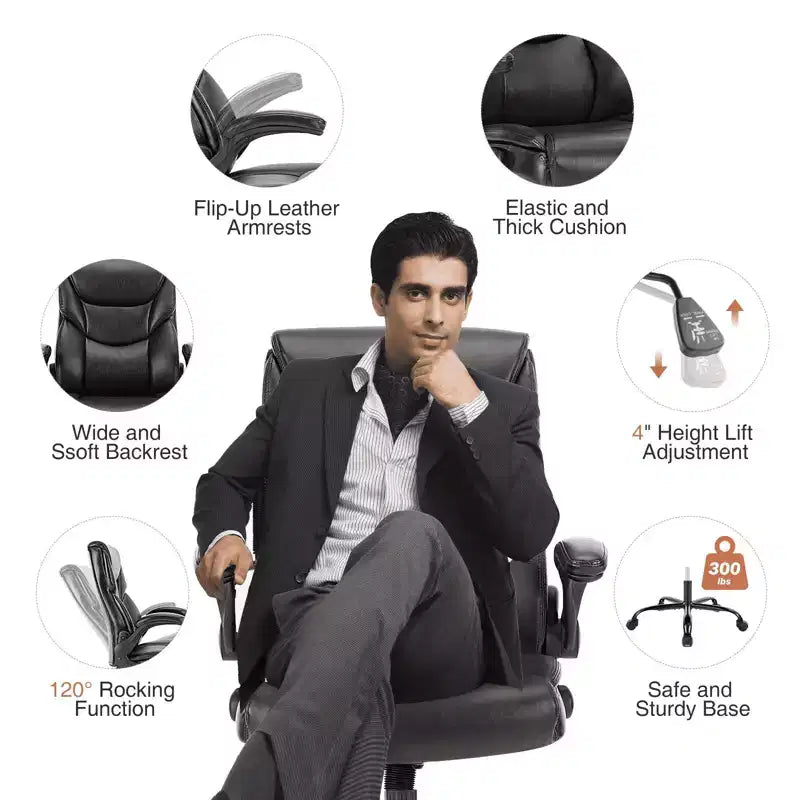 Bürostuhl mit hochklappbaren Armlehnen, ergonomischer Lordosenstütze, PU-Leder