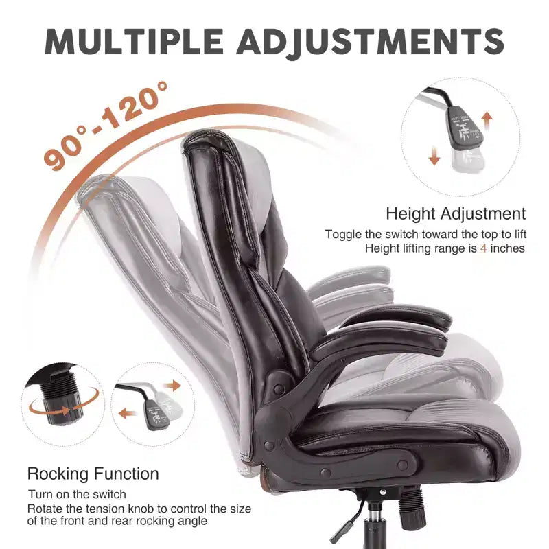 Bürostuhl mit hochklappbaren Armlehnen, ergonomischer Lordosenstütze, PU-Leder