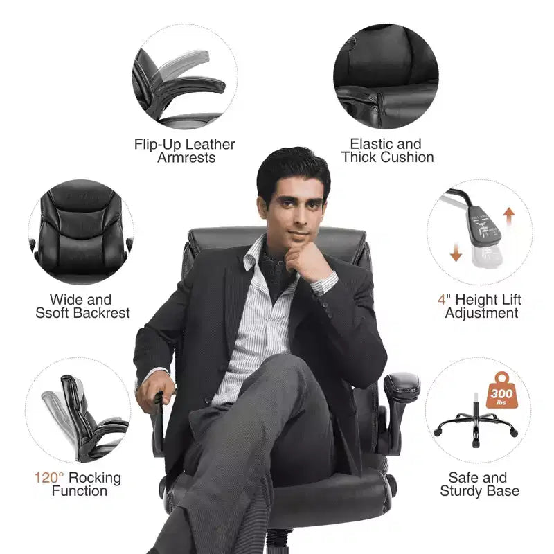 Bürostuhl mit hochklappbaren Armlehnen, ergonomischer Lordosenstütze, PU-Leder