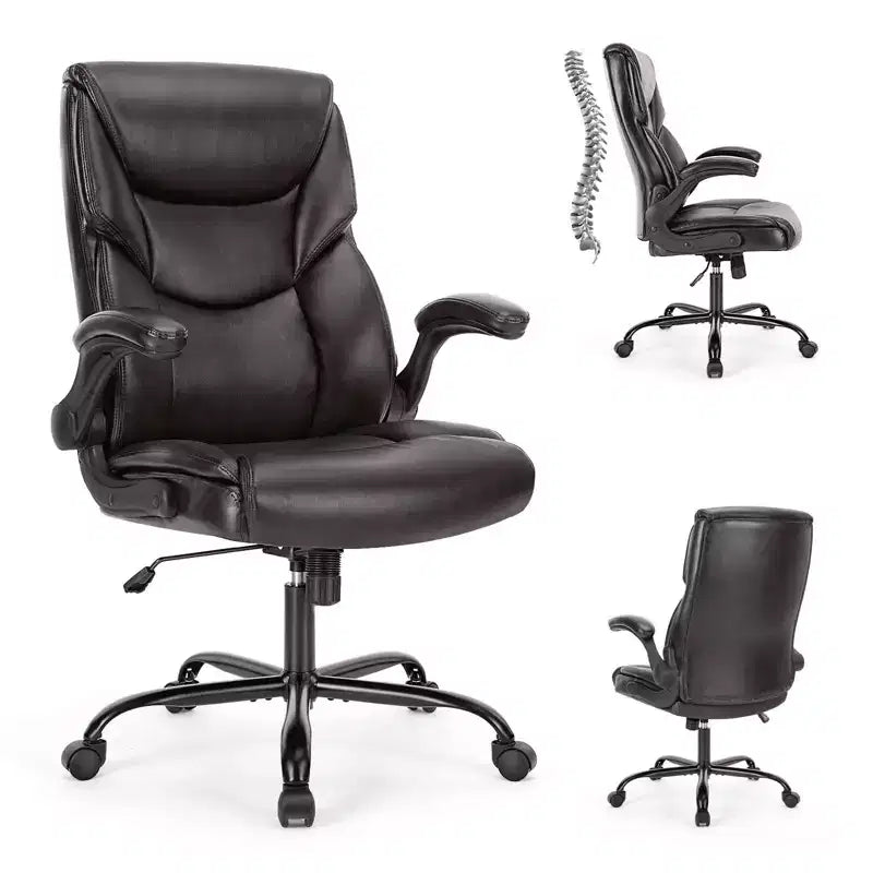 Bürostuhl mit hochklappbaren Armlehnen, ergonomischer Lordosenstütze, PU-Leder
