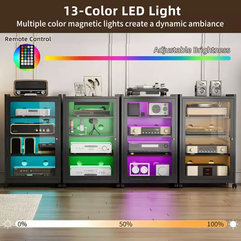 Medienschrank mit LED-Beleuchtung, Metall-Aufbewahrungsschrank mit Glastür & verstellbaren Einlegeböden, Moderner TV-Ständer für Wohnzimmer, Gaming & Büro