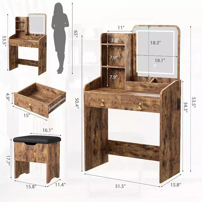 Schminktisch mit LED-Spiegel und Ladestation, Make-up-Tisch mit Aufbewahrungsschubladen und Hocker, 3 Beleuchtungsmodi für Schlafzimmer, Retro Braun