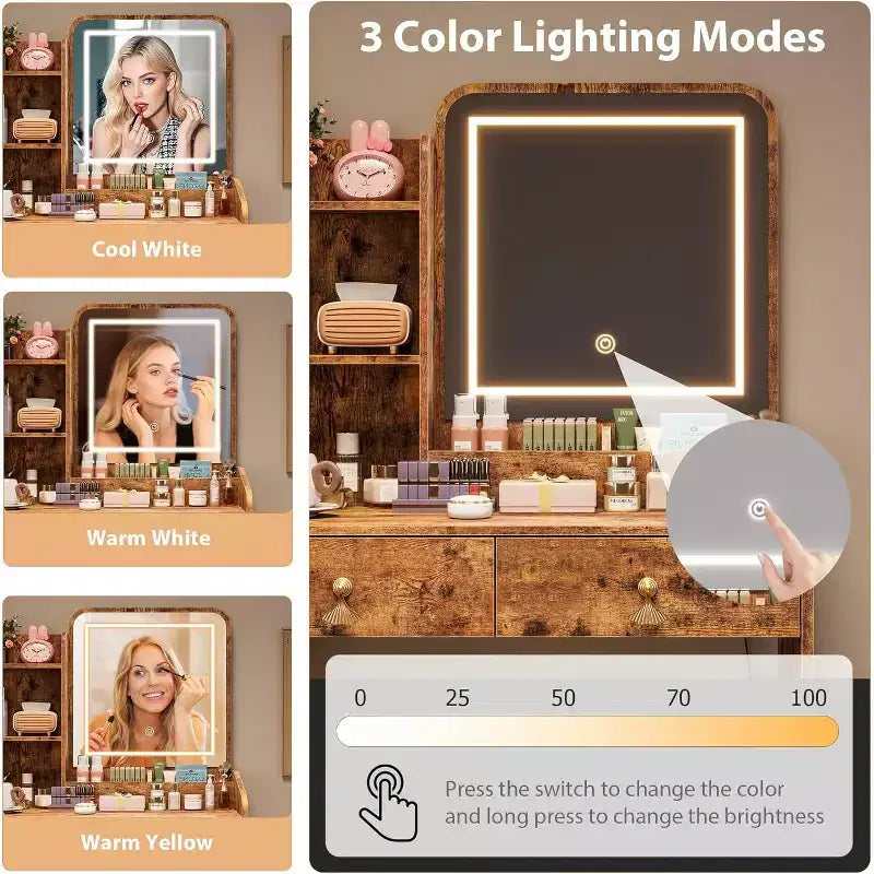 Schminktisch mit LED-Spiegel und Ladestation, Make-up-Tisch mit Aufbewahrungsschubladen und Hocker, 3 Beleuchtungsmodi für Schlafzimmer, Retro Braun