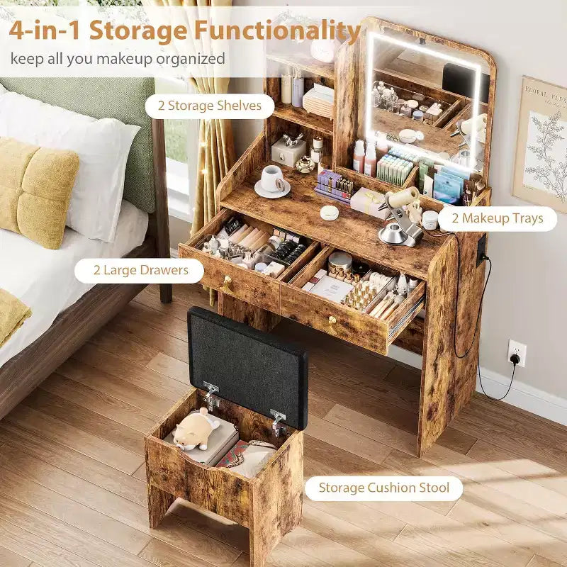 Schminktisch mit LED-Spiegel und Ladestation, Make-up-Tisch mit Aufbewahrungsschubladen und Hocker, 3 Beleuchtungsmodi für Schlafzimmer, Retro Braun