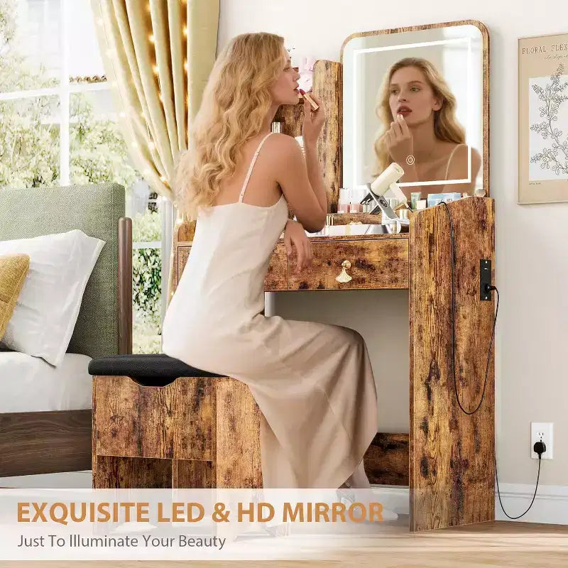 Schminktisch mit LED-Spiegel und Ladestation, Make-up-Tisch mit Aufbewahrungsschubladen und Hocker, 3 Beleuchtungsmodi für Schlafzimmer, Retro Braun
