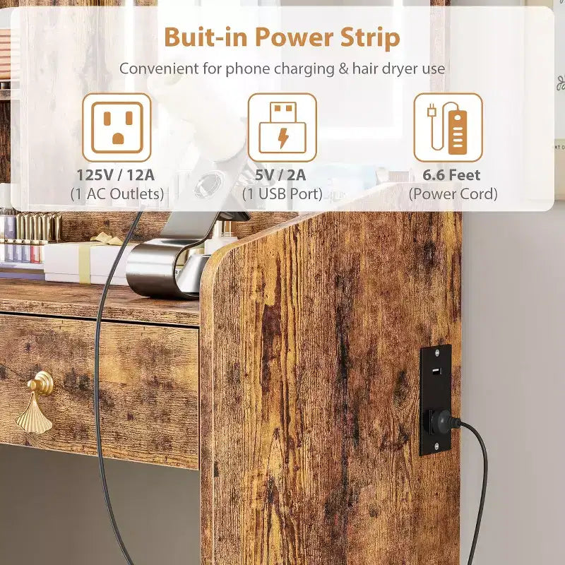 Schminktisch mit LED-Spiegel und Ladestation, Make-up-Tisch mit Aufbewahrungsschubladen und Hocker, 3 Beleuchtungsmodi für Schlafzimmer, Retro Braun