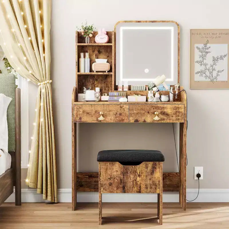 Schminktisch mit LED-Spiegel und Ladestation, Make-up-Tisch mit Aufbewahrungsschubladen und Hocker, 3 Beleuchtungsmodi für Schlafzimmer, Retro Braun