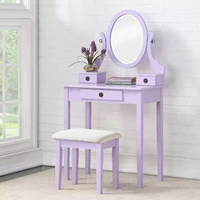 Moderner Schminktisch mit Spiegel, 3 Schubladen, passendem Hocker für Schlafzimmer, lila Oberfläche, platzsparendes Design