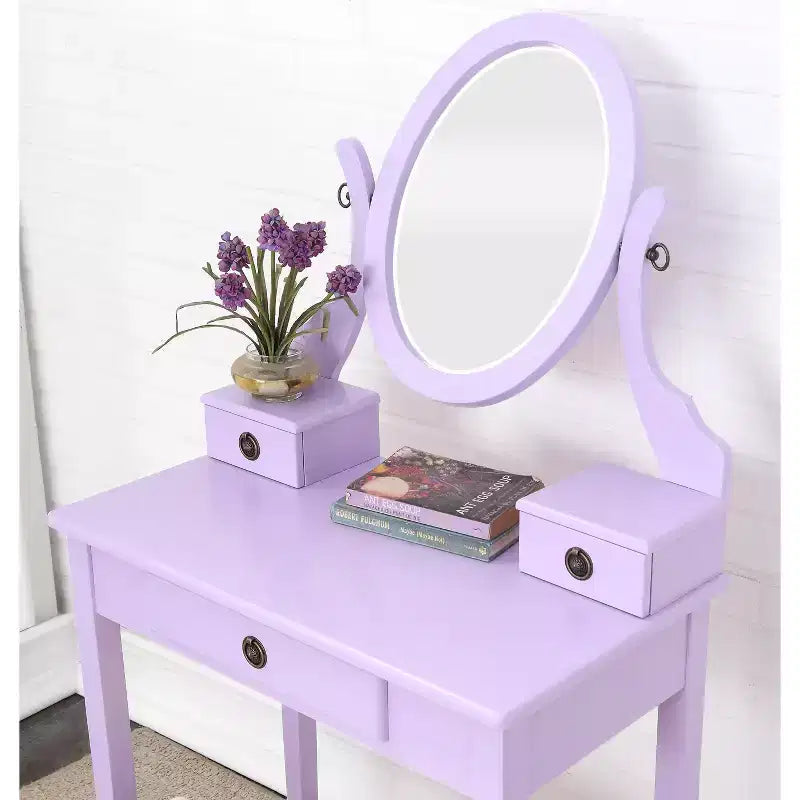 Moderner Schminktisch mit Spiegel, 3 Schubladen, passendem Hocker für Schlafzimmer, lila Oberfläche, platzsparendes Design