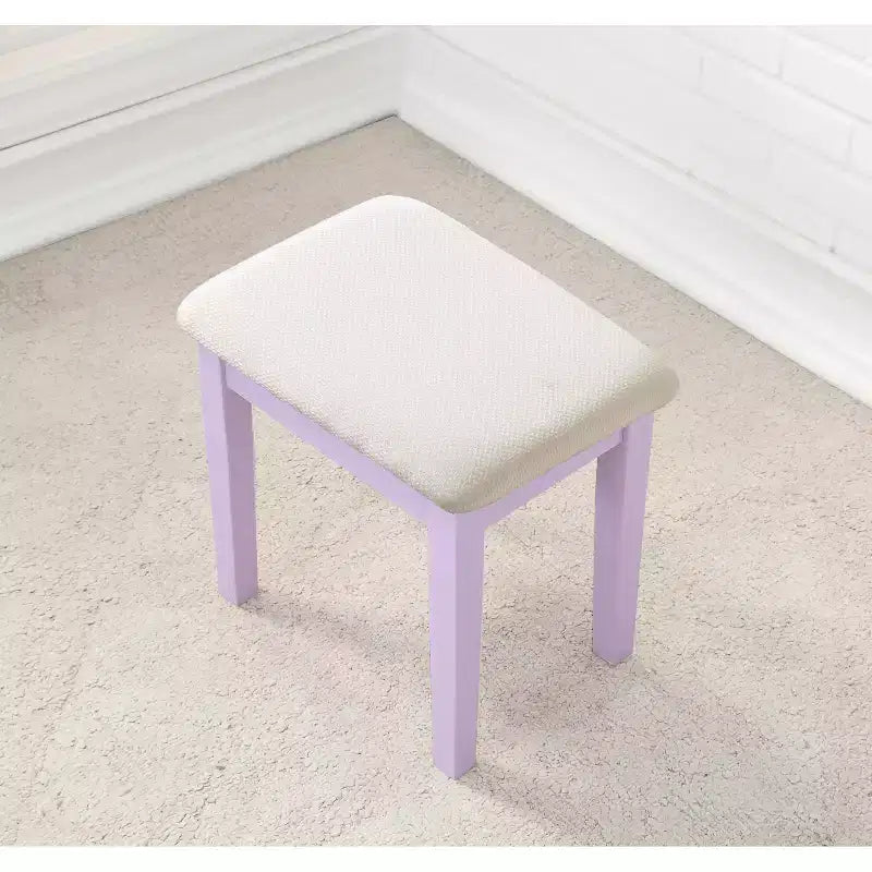 Moderner Schminktisch mit Spiegel, 3 Schubladen, passendem Hocker für Schlafzimmer, lila Oberfläche, platzsparendes Design