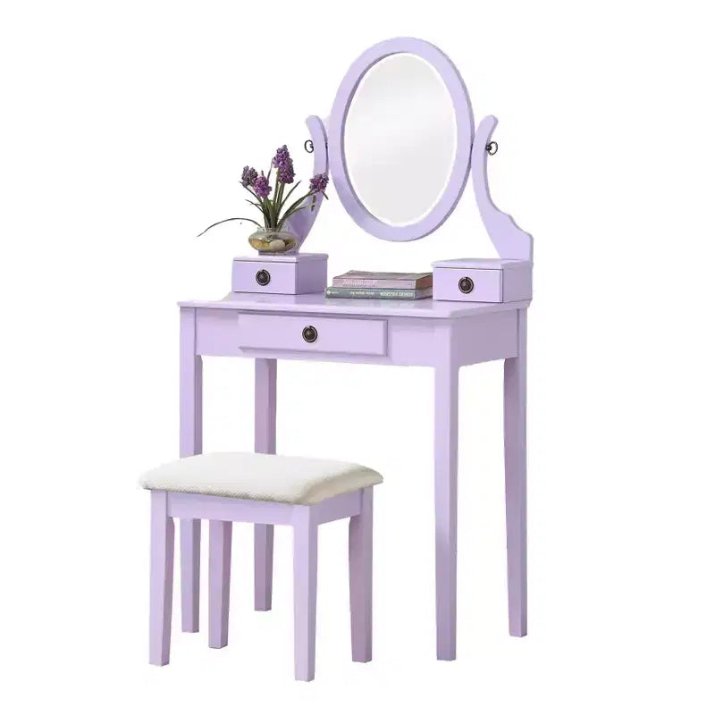 Moderner Schminktisch mit Spiegel, 3 Schubladen, passendem Hocker für Schlafzimmer, lila Oberfläche, platzsparendes Design