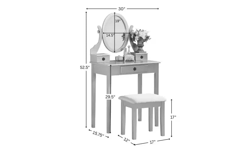 Moderner Schminktisch mit Spiegel, 3 Schubladen, passendem Hocker für Schlafzimmer, lila Oberfläche, platzsparendes Design