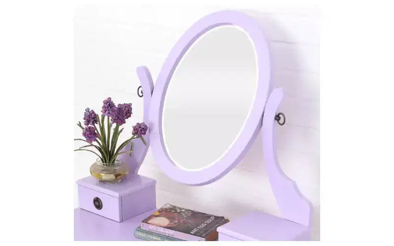 Moderner Schminktisch mit Spiegel, 3 Schubladen, passendem Hocker für Schlafzimmer, lila Oberfläche, platzsparendes Design