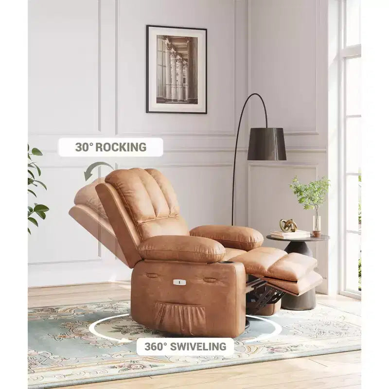 Liegesessel mit 360°-Dreh- und Schaukelfunktion, Massage und Heizung, PU-Leder, USB, Getränkehaltern, Seitentasche, Beige/Braun Retro, für Wohnzimmer/Schlafzimmer