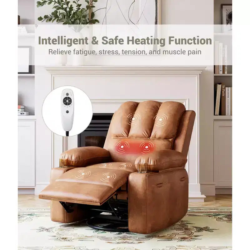 Liegesessel mit 360°-Dreh- und Schaukelfunktion, Massage und Heizung, PU-Leder, USB, Getränkehaltern, Seitentasche, Beige/Braun Retro, für Wohnzimmer/Schlafzimmer