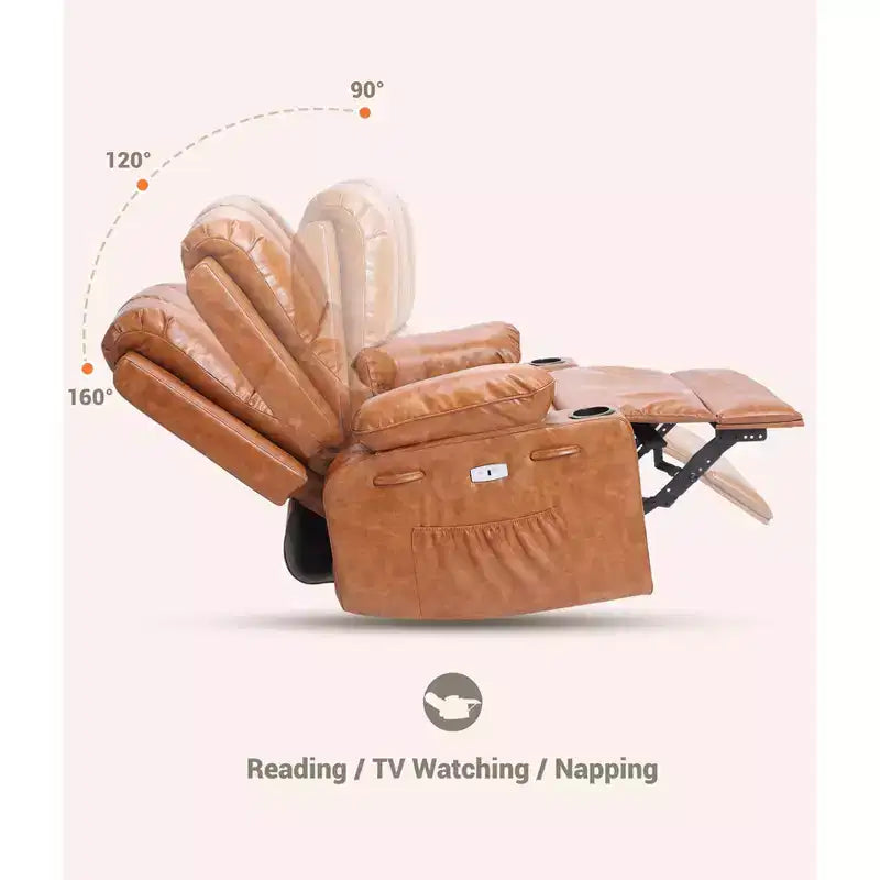 Liegesessel mit 360°-Dreh- und Schaukelfunktion, Massage und Heizung, PU-Leder, USB, Getränkehaltern, Seitentasche, Beige/Braun Retro, für Wohnzimmer/Schlafzimmer