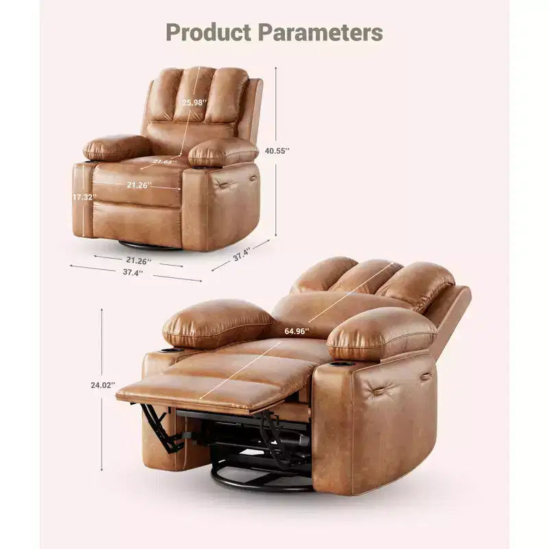 Liegesessel mit 360°-Dreh- und Schaukelfunktion, Massage und Heizung, PU-Leder, USB, Getränkehaltern, Seitentasche, Beige/Braun Retro, für Wohnzimmer/Schlafzimmer
