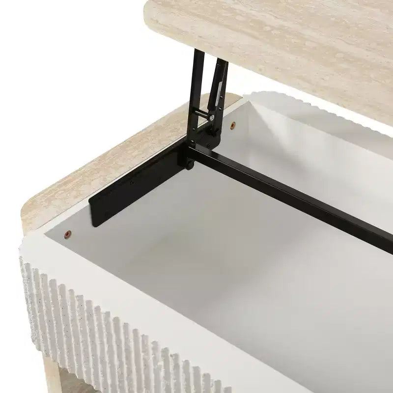 Moderner Couchtisch mit aufklappbarer Platte, geriffelten Paneelen und Schubladen