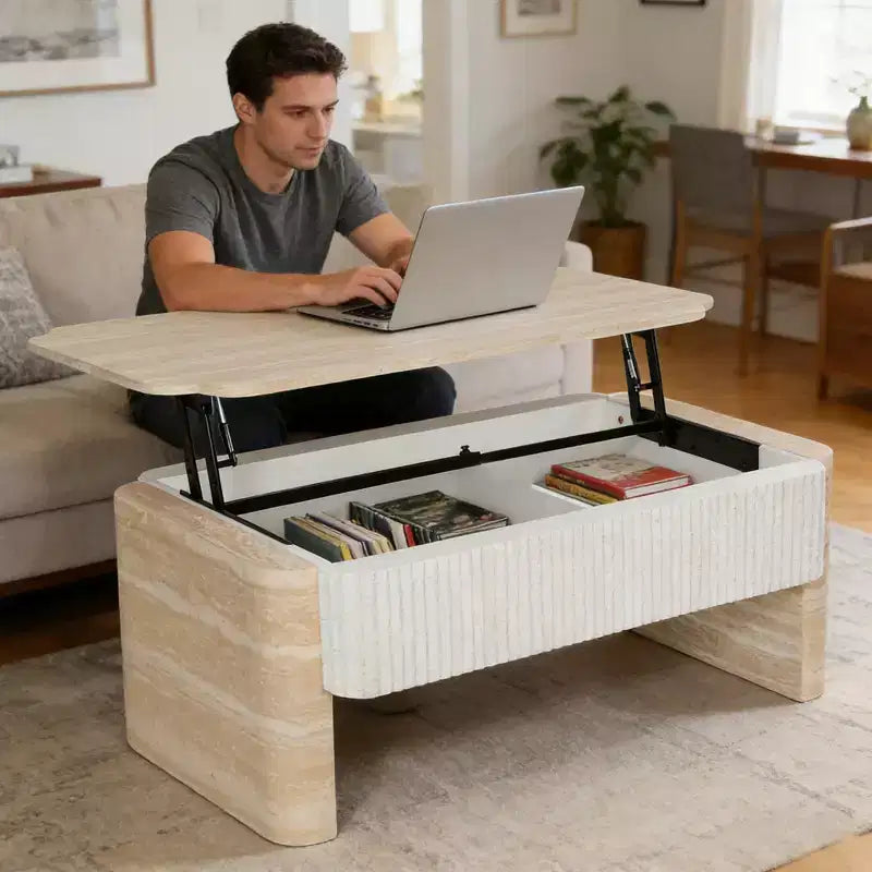 Moderner Couchtisch mit aufklappbarer Platte, geriffelten Paneelen und Schubladen