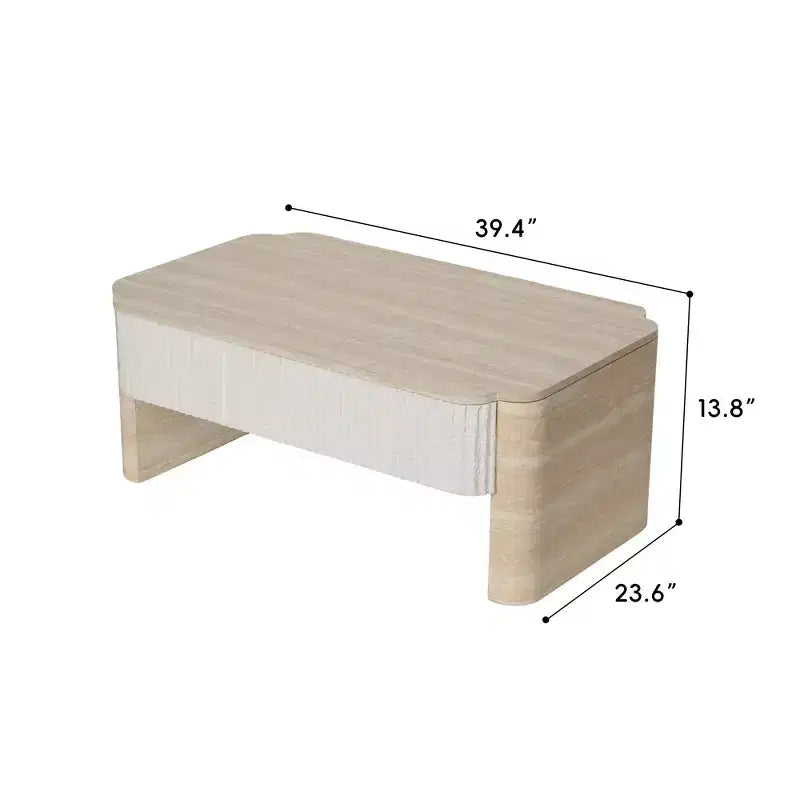 Moderner Couchtisch mit aufklappbarer Platte, geriffelten Paneelen und Schubladen