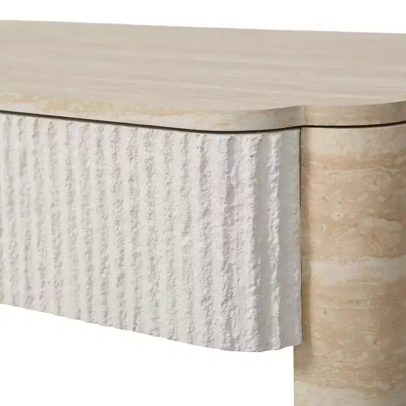 Moderner Couchtisch mit aufklappbarer Platte, geriffelten Paneelen und Schubladen