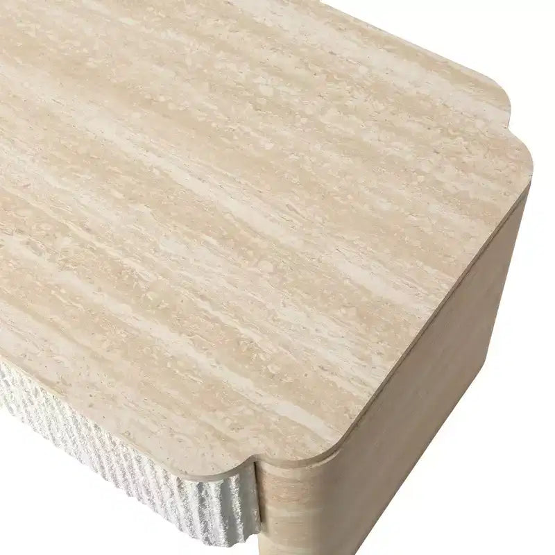 Moderner Couchtisch mit aufklappbarer Platte, geriffelten Paneelen und Schubladen