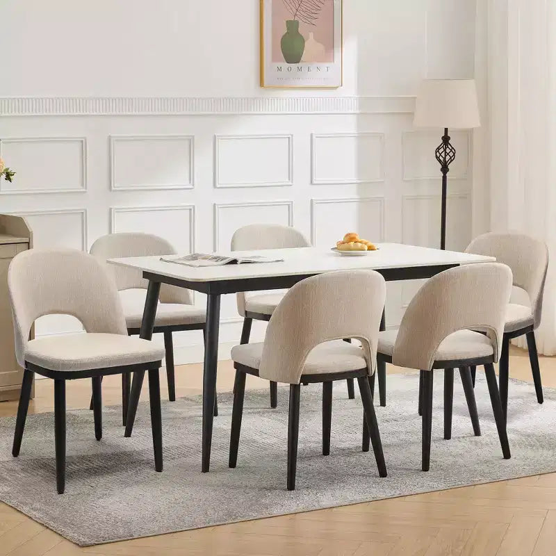 Set of 6 Upholstered Dining Chairs, Modern Fabric High Back Deep Seat Wooden Legs,Hollowed Kitchen Chairs for Dining Room