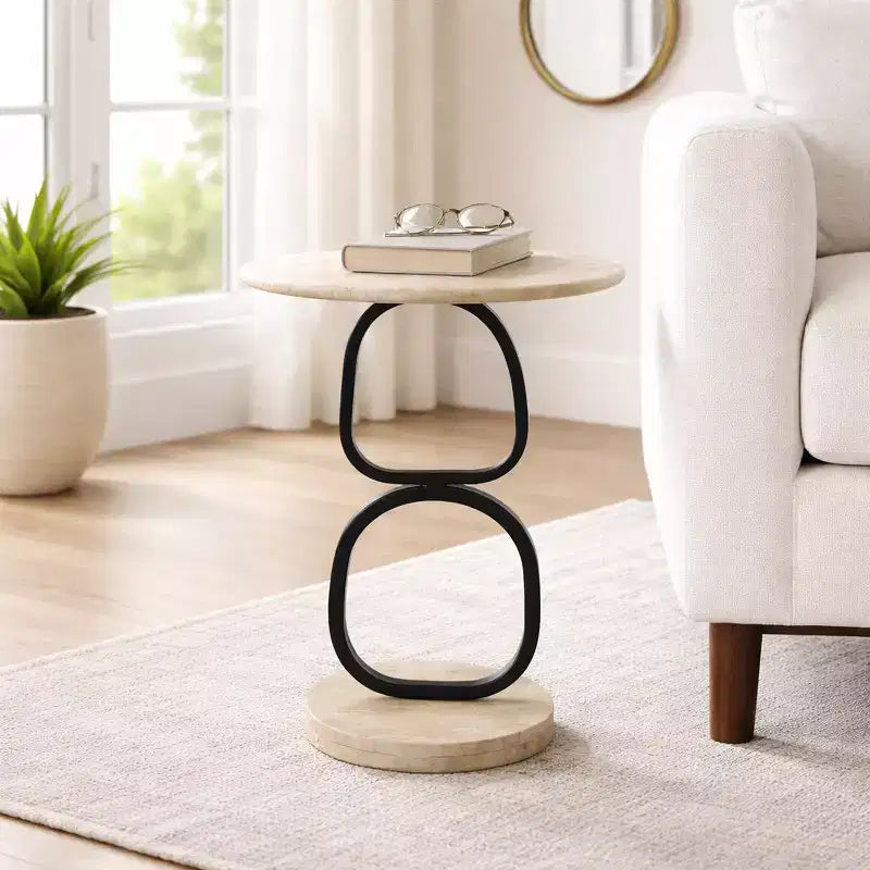 Runder Beistelltisch mit Marmorplatte und Metallgestell für kleine Räume – Moderner Akzent für Schlafzimmer- und Wohnzimmerdekoration – 23, Beige & Schwarz