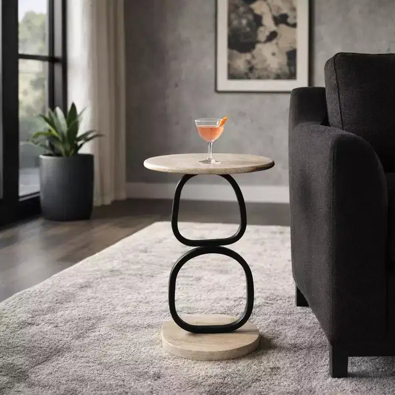 Runder Beistelltisch mit Marmorplatte und Metallgestell für kleine Räume – Moderner Akzent für Schlafzimmer- und Wohnzimmerdekoration – 23, Beige & Schwarz