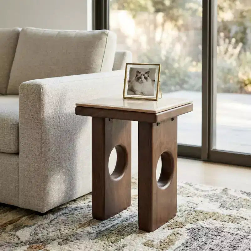 Rustikaler Beistelltisch mit quadratischer Platte für kleine Räume – elegantes Design mit Holzfuß für Wohn- und Schlafzimmer – 21, Hellbraun & Braun