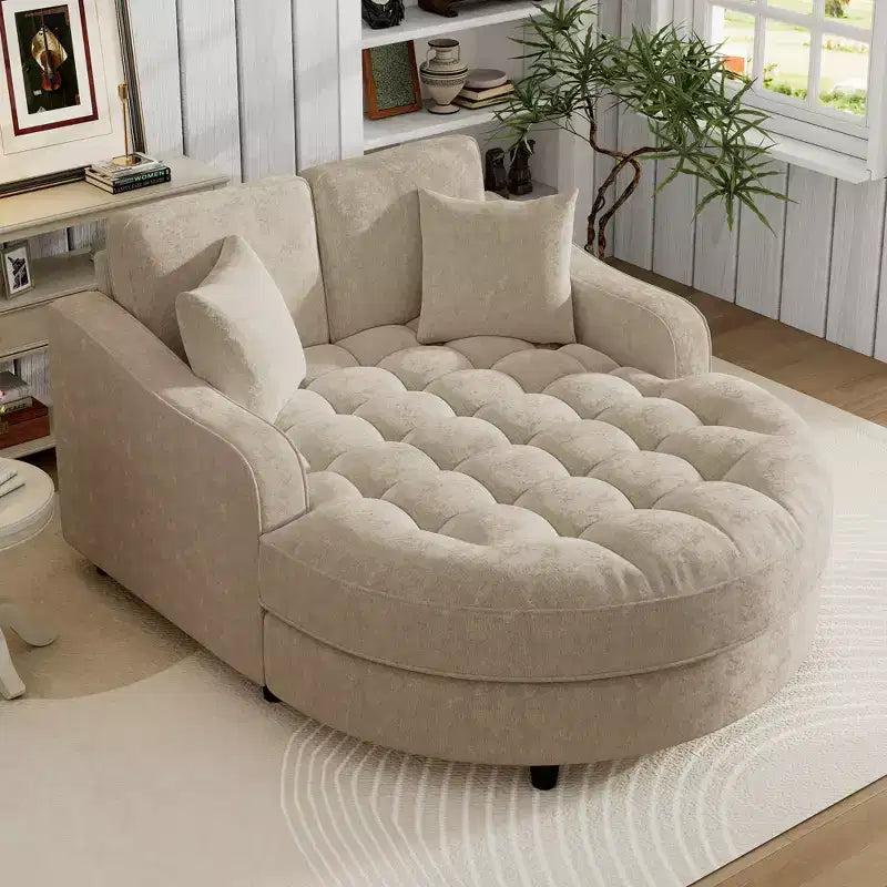 Chaise Lounge Schlafsofa aus Holz und Chenille mit getufteter Sitzfläche und abnehmbaren Kissen