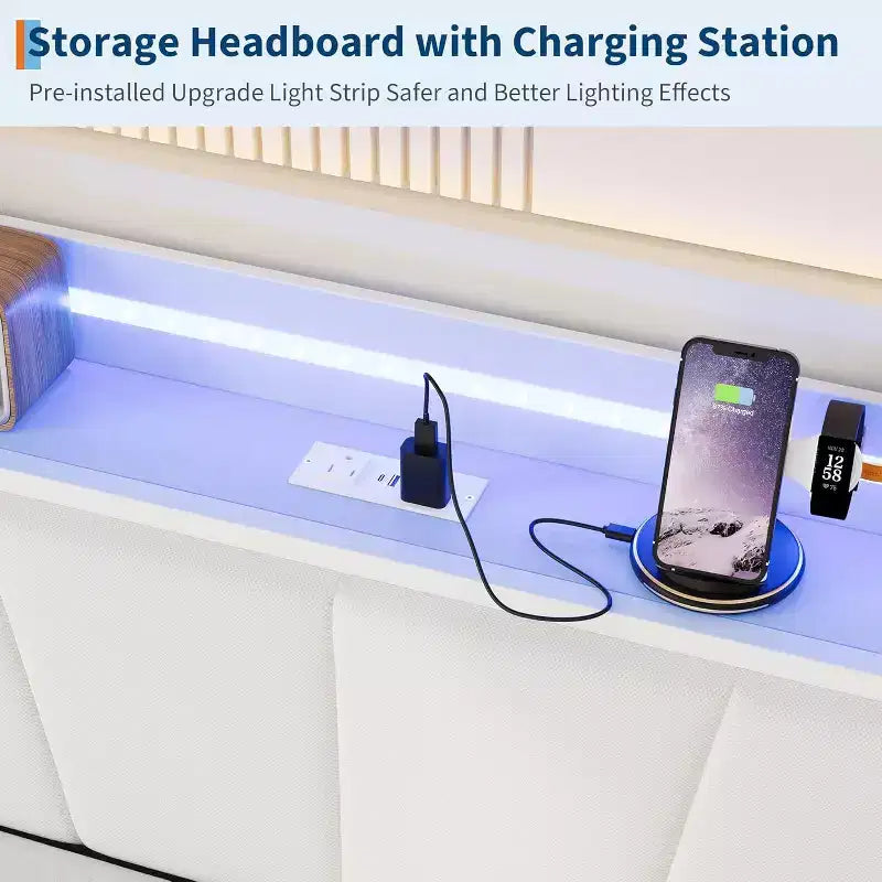 Zwillings-Tagesbett mit Ausziehbett, LED-Beleuchtung, Ladestation und Stauraum-Kopfteil, Metallrahmen für Wohnzimmer, Schlafzimmer, Gästezimmer