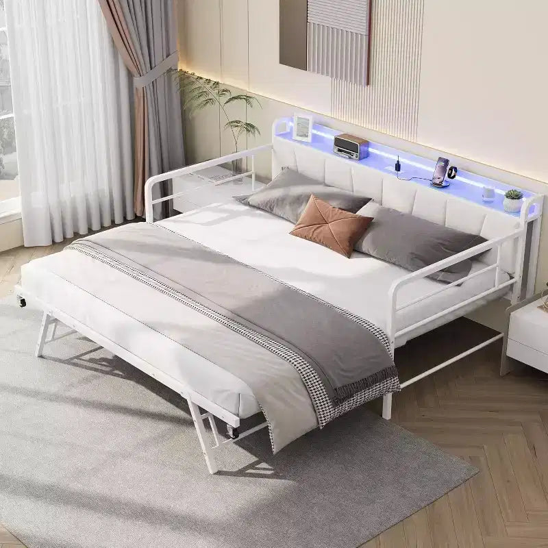 Zwillings-Tagesbett mit Ausziehbett, LED-Beleuchtung, Ladestation und Stauraum-Kopfteil, Metallrahmen für Wohnzimmer, Schlafzimmer, Gästezimmer