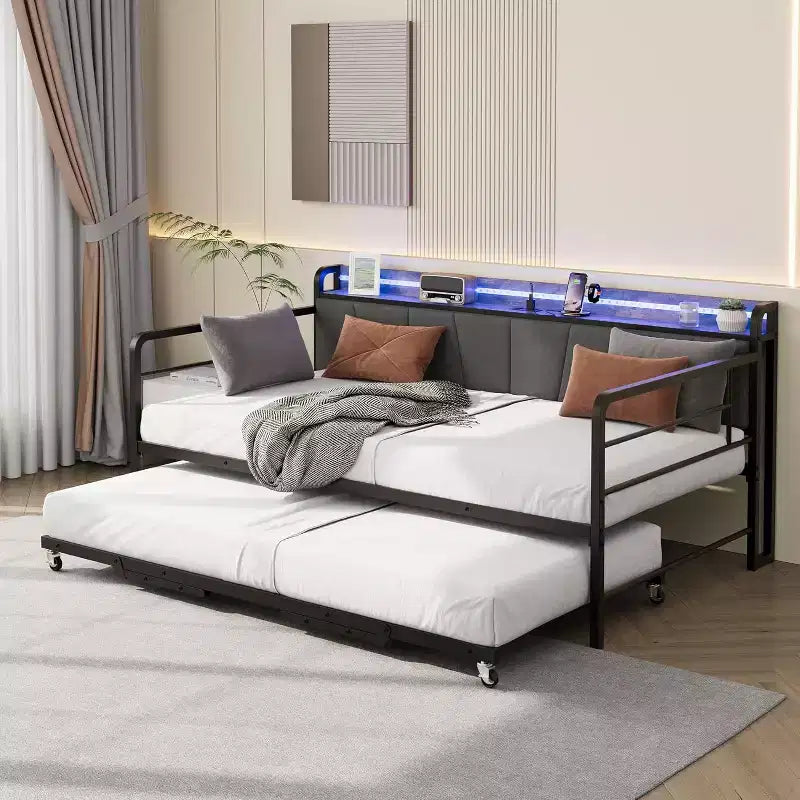 Zwillings-Tagesbett mit Ausziehbett, LED-Beleuchtung, Ladestation und Stauraum-Kopfteil, Metallrahmen für Wohnzimmer, Schlafzimmer, Gästezimmer