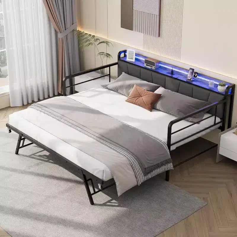 Zwillings-Tagesbett mit Ausziehbett, LED-Beleuchtung, Ladestation und Stauraum-Kopfteil, Metallrahmen für Wohnzimmer, Schlafzimmer, Gästezimmer