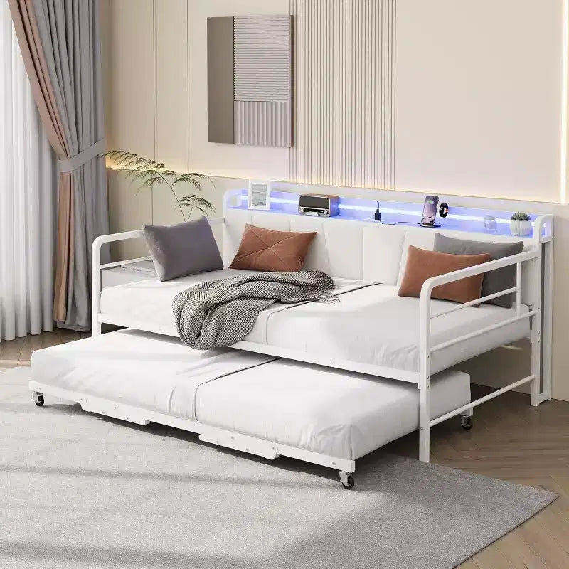 Zwillings-Tagesbett mit Ausziehbett, LED-Beleuchtung, Ladestation und Stauraum-Kopfteil, Metallrahmen für Wohnzimmer, Schlafzimmer, Gästezimmer